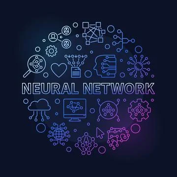Neural Network concept thin line round colored banner - vector AI Technolog.. Stock Illustration