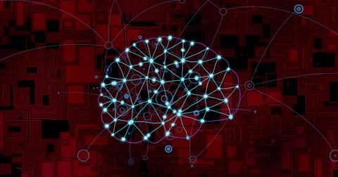 Neural network connections and data processing image over red geometric Illustrazione stock
