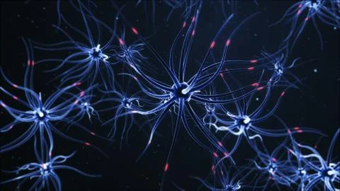 Neural network on a dark blue background with light effects. 3D illustration. Stock Illustration