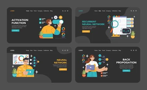 Neural Network dark or night mode web or landing set. Machine learning イラスト素材