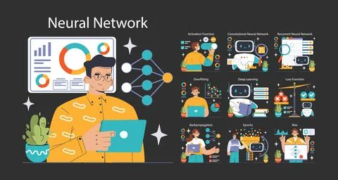 Neural Network dark or night mode set. Machine learning key concepts. イラスト素材