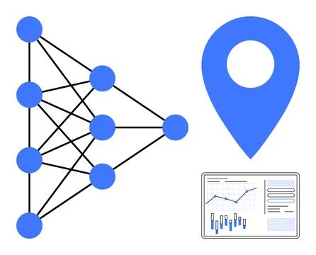 Neural Network with Data Chart and Location Pin Showing Technological and A.. Stock Illustration