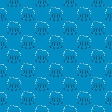 Neural Network Data Cloud Platform vector outline blue seamless pattern Illustrazione stock