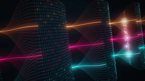 Neural network data flow between glowing binary code layers Видео 347817940