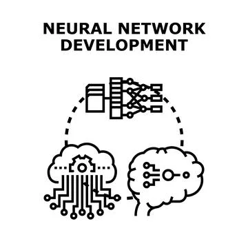 Neural network development process illustrating machine learning, data proces Ilustración de archivo