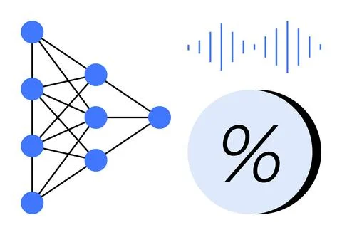 Neural network diagram with interconnected nodes, sound waveform, and percent イラスト素材