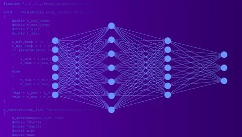 Neural Network Diagram Overlaid on Programming Code Background, Artificial 스톡 일러스트