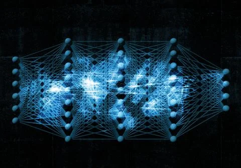 Neural network, digital blue background, 3d Stock Illustration