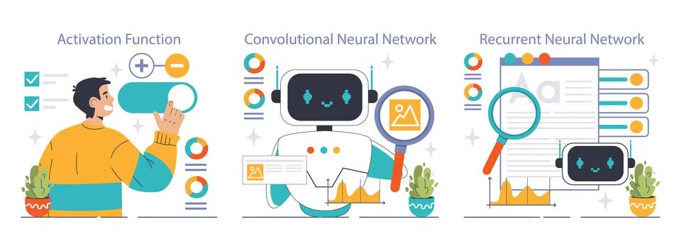 Neural Network Explained set. Flat vector illustration Stockillustratie