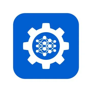 Neural network gear icon: white machine learning symbol on blue square back.. Stock Illustration
