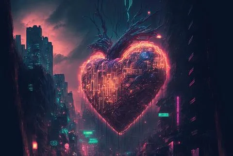 Neural network generated art painting of a cyberpunk neon high tech heart in a Stock Illustration