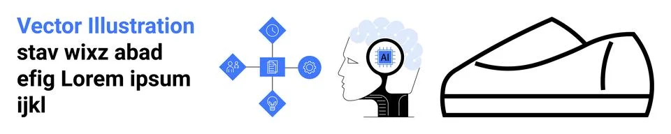 Neural network head, abstract tech shapes, shoes represent wearable tech, sus Illustrazione stock