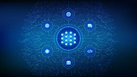 Neural network icon made with binary code. AI. Artificial Intelligence. Machi Stock Illustration