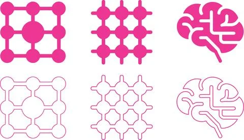 Neural Network Icon Set, Node Grid Connection and AI Brain Circuit Technolo.. Stock Illustration