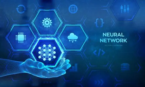 Neural network icon in wireframe hand. AI. Artificial Intelligence. Machine.. Stock Illustration