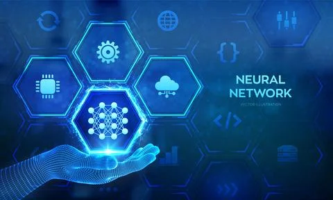 Neural network icon in wireframe hand. AI. Artificial Intelligence. Machine.. Stock Illustration