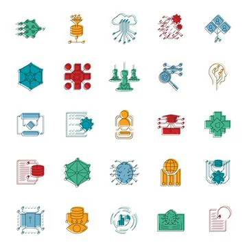 Neural network icons set, doodle style Stock Illustration