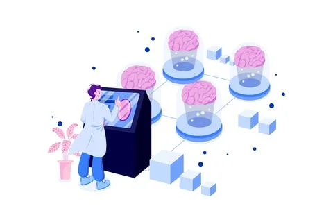 Neural Network Illustration Concept. A man standing at the control panel and  Ilustración de archivo