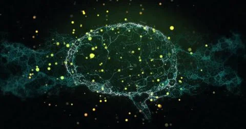 Neural network image with glowing particles over dark background Stock Illustration