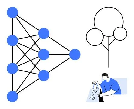 Neural network with interconnected blue nodes, a simple decision tree, and pe Stock Illustration