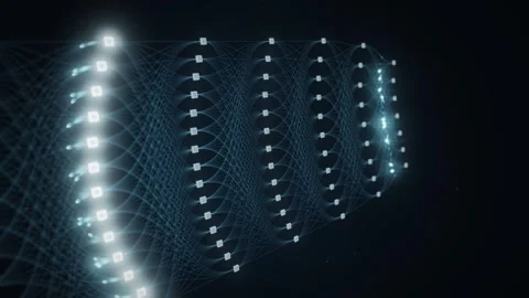 Neural network layers with white nodes and traveling light signals Stock Footage 347817959