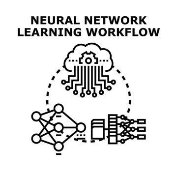 Neural network learning workflow processing data in cloud Stock Illustration
