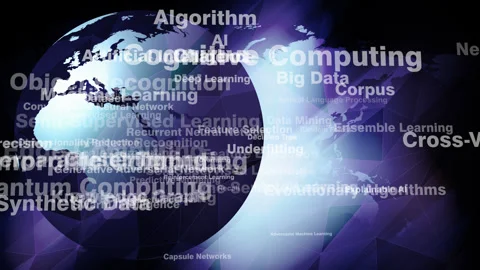 Neural network lettering and world globe caution and mistrust in artificial 스톡 동영상 270181777