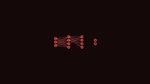 Neural network line icon with connected layers of nodes, red neon style Stock Footage 342598693