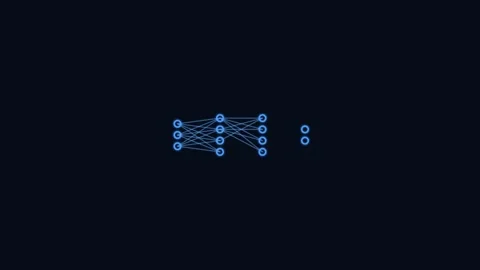 Neural network line icon with connected layers of nodes, blue neon style Видео 342598713