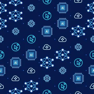 Neural network line icon seamless pattern with AI processor chips, cloud, cursor Stock Illustration