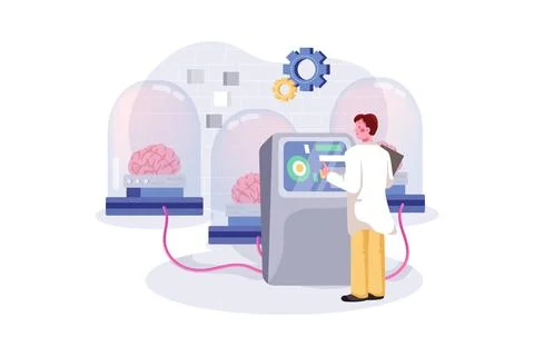 Neural Network. Man standing at control panel and programming brains in glass Illustrazione stock