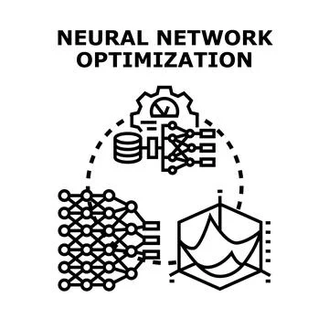 Neural network optimization process involves data storage, algorithmic traini Stock Illustration