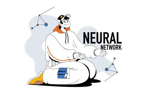 Neural network outline web modern concept in flat line design. Man interact.. Illustrazione stock