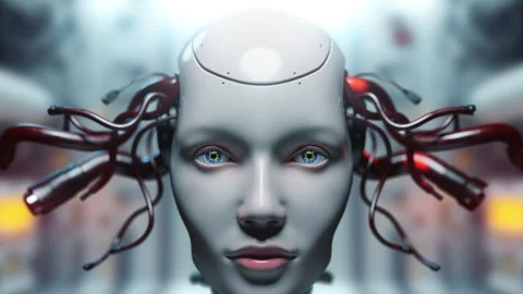 Neural network. A stylized robot head with intricate red wiring representing  Stock-Footage 308950218