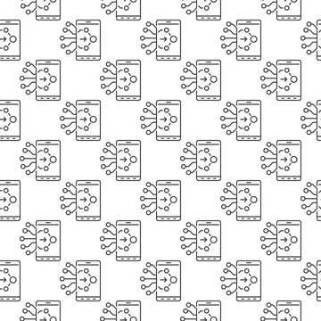 Neural Network Technology in Smartphone vector line seamless pattern Illustrazione stock