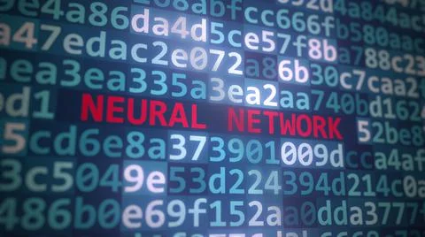 NEURAL NETWORK text and source code on the computer monitor, 3D rendering Illustrazione stock