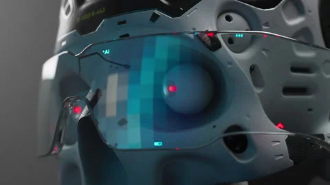 Neural network training. close-up robot head exploring information in augment Stock Footage 235718403