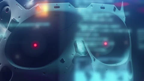 Neural network training. the robot's head close-up learning information Stock Footage 235718372