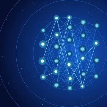 Neural network visualization with glowing linked nodes on dark blue background, Stock Illustration