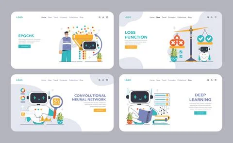 Neural Network web or landing set. Machine learning key concepts. イラスト素材