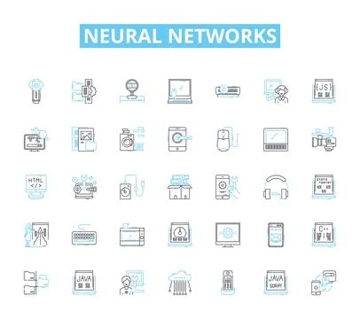 Neural networks linear icons set. Perceptron, Backpropagation, Deep learning Stock Illustration