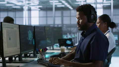 Neural networks specialist in data center monitoring performance Stock Footage 319563136