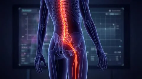 Neural pathway showing sciatic nerve pain radiating from lumbar spine down le Stock Illustration