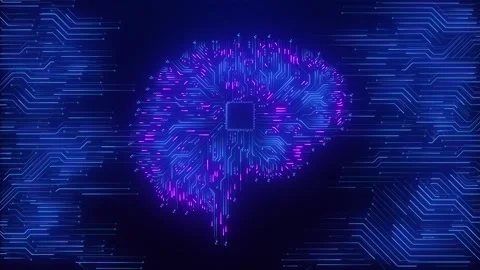 Neural processor brain visual with luminous circuit paths, blue purple glow, mic Stock Footage 340553626