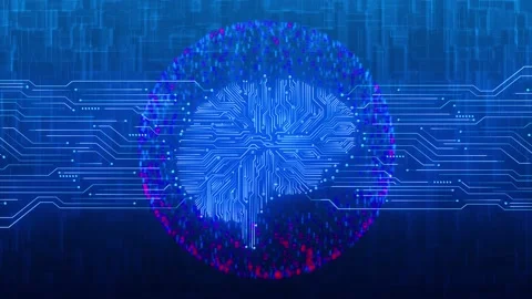 Neural processor data sphere visual bright brain circuit, digital rings, blue el Stock Footage 340555871