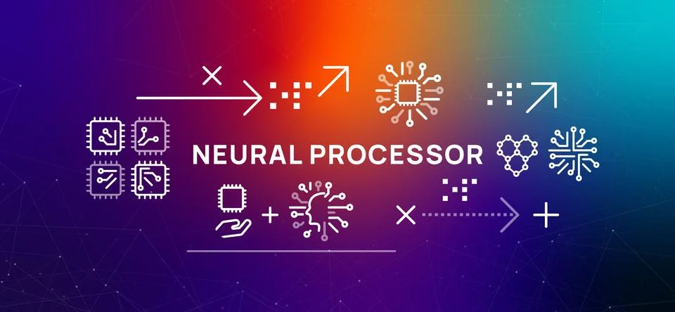 Neural Processor icons show microchips and a brain like circuit Stock Illustration