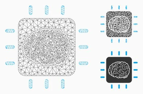 Neural Processor Vector Mesh Carcass Model and Triangle Mosaic Icon Stock Illustration