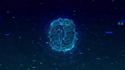 Neural technology brain visual circuit pattern, floating data values, blue HUD r Stock Footage 340528304