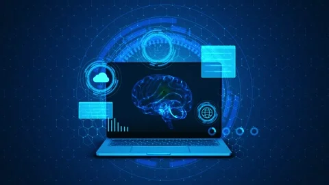 Neural technology laptop HUD visual blue brain scan, floating data panels, cloud Stock Footage 340576559