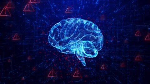 Neural warning technology visual with luminous brain, red danger symbols, and da Stock Footage 340552171